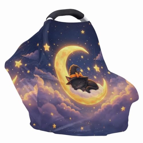 Image of Wanyint Baby Car Seat Cover Nursing Scarf Car Seat Canopy Shopping Cart High Chair Cover Protect Babies and Breastfeeding Mothers Halloween Decoration, Black Cat Witch Moon Star