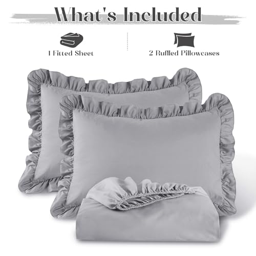 Image of Homiest 3-Pieces Ruffle Pillow Case & Fitted Sheet Set, Grey Queen Sheets with 2 Ruffled Pillow Shams, 15 Inch Deep Pocket, Cute & Coquette Microfiber Bed Set for Decorating Bedroom Hotel