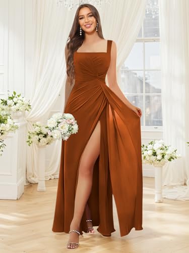 Square Neck Bridesmaid Dresses Long Pleated Chiffon Formal Evening Dress with Slit3