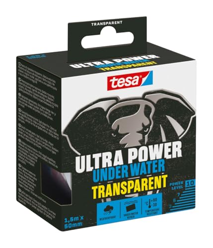 tesa Ultra Power Under Water Transparent - Cinta adhesiva impermeable - Para sellar piscinas, carpas y canalones - Fuerte adhesivo para reparaciones inclusive bajo el agua - 1 x rollo - 1,5 m x 50 mm