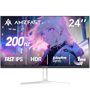 Amzfast 24 Zoll Gaming Monitor-200Hz, FHD 1920x1080, Fast IPS Monitor, 1ms MPRT, 110% sRGB, Anti-Blaulicht, HDR, Adaptive Sync, VESA 100x100, HDMI 2.0/DP 1.4, Weiß- AMZG24X1W