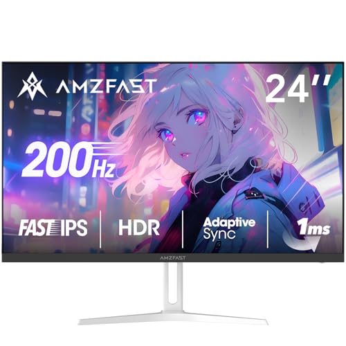 Amzfast 24 Zoll Gaming Monitor-200Hz, FHD 1920x1080, Fast IPS Monitor, 1ms MPRT, 110% sRGB, Anti-Blaulicht, HDR, Adaptive Sync, VESA 100x100, HDMI 2.0/DP 1.4, Weiß- AMZG24X1W