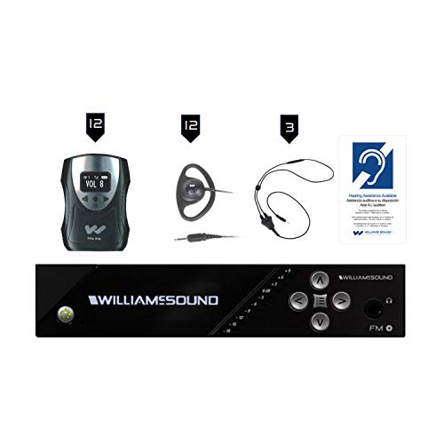 Williams AV FM 558-12 Large-Area Dual FM and Wi-Fi Assistive Listening System with FM T55 Transmitter, (12) PPA R38N Receivers, (12) EAR 022 Earphones, (3) NKL 001 Neckloops and IDP 008 Wall Plaque