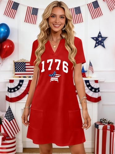 Image of Ithalt 4th of July Dresses for Women Patriotic Dress Red White and Blue Outfits American Flag V Neck Sundress with Pockets