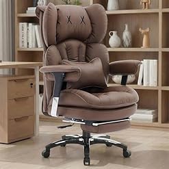 Efomao Bürostuhl, X-Stickerei Big and Tall Stuhl aus PU Leder für Zuhause, Verstellbarer Hochlehner Computer Gaming Stuhl, 200 kg drehbarer Chefsessel mit Fußstütze und Lendenwirbelstütze, Braun
