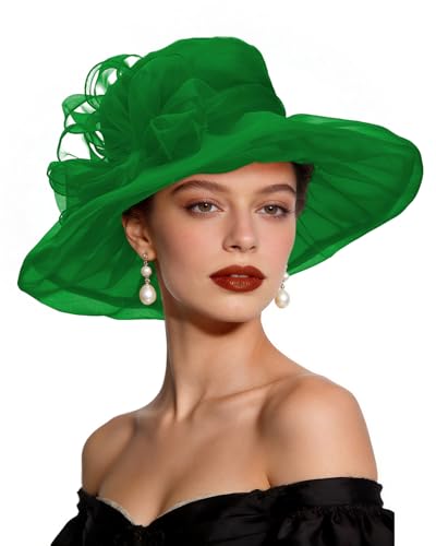 Womens Green Kentucky-Derby Hats 2026 Fascinator -Elegant Tea Party Wedding Church Adjustable Headwear with Removable Flower