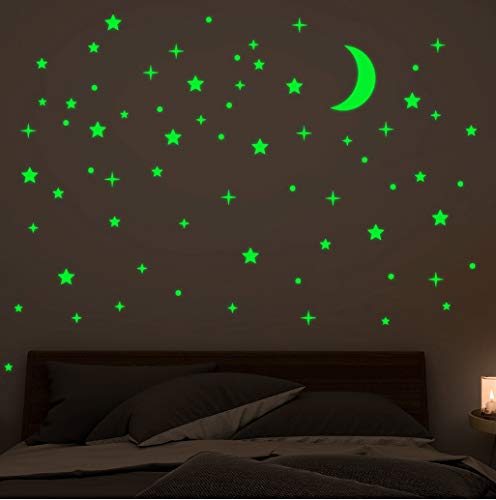 Estrellas luna brillan en la oscuridad pegatinas luminosas en la pared dormitorio decoración del hogar verde fluorescente vinilo pared calcomanía papel pintado 20 * 40 cm