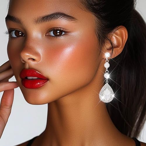 Catery Rhinestone Earrings Silver Crystal Teardrop Earrings Long Wedding Jewelry for Women3
