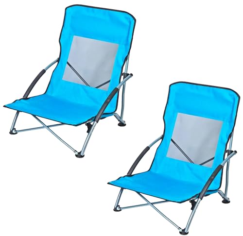 2 x Low Folding Beach Chairs – Lightweight Portable Camping Chairs for Adults with Padded Arms & Mesh Back – Collapsible Sun Loungers with Carry Bag – Ideal for Festivals & Outdoor Use – Set of 2