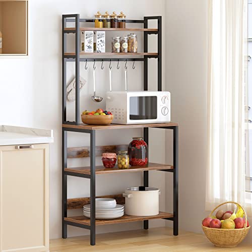 SogesHome Scaffale da cucina verticale a 5 livelli Scaffale Baker's Shelf per microonde con 8 ganci per stoviglie Scaffale verticale in legno e acciaio, 80 x 40 cm