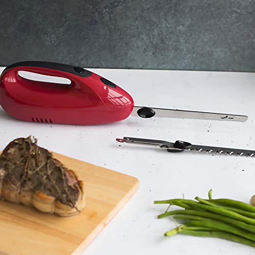 Foto von Elektromesser für Fleisch Küche - Elektrisches Messer für Brot - Brotmesser mit Edelstahl Klingen - Fleischmesser Tiefkühlkost 150 Watt - Küchenmesser Elektrisch Doppelmesser - Rot