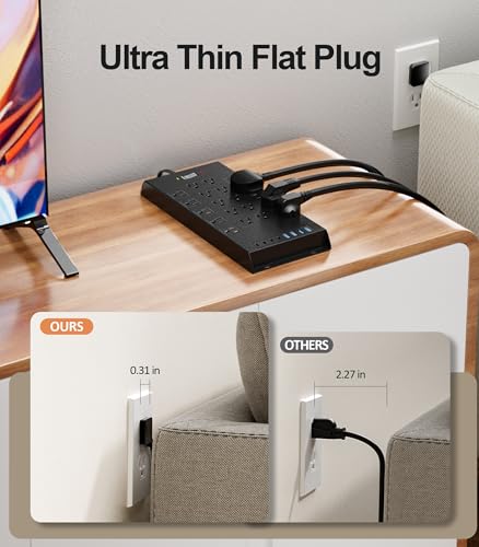 Image of Surge Protector Power Strip 4800J, LeZone 10Ft Long Extension Cord Flat Plug, 20 Outlets 4 USB-A 4 USB-C Ports, Wall Mountable, Home Office Dorm Essentials, Black
