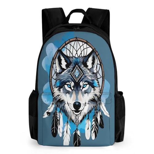 Backpack for Men, Native Wolf Dream Catcher Portable Multi-Functional Daypack for Business Trip, Cute Spacious Reusable Shoulder Bag with Adjustable Strap