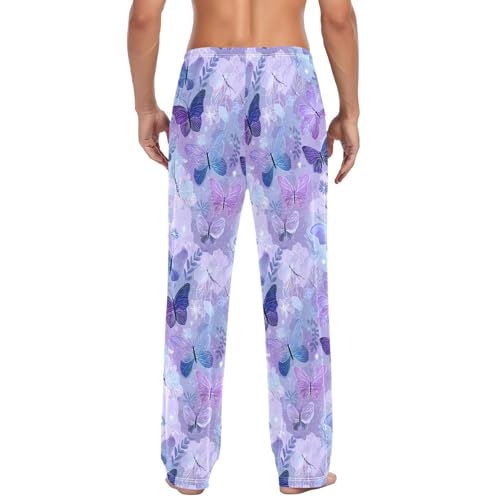 Butterflies Blue Purple Leaves Men Cotton Flannel Pajama Pants Mens Lounge Sleep PJ Bottoms S3