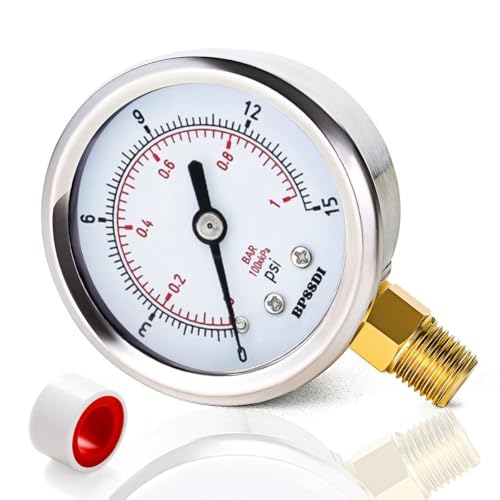 0-15 Psi Low Pressure Gauge, 2.5" Dial Size, 1/4" NPT Lower Mount, 304 Stainless Steel Case, Water Pressure Gauge Test for Water Pipe, HVAC(with Tape)
