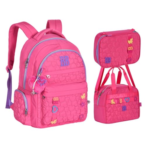 Kit Mochila Lancheira Térmica E Estojo Box Rebecca Bonbon Soft Texturizado com Matelassê Bolso Antifurto RB24537 (Rosa)