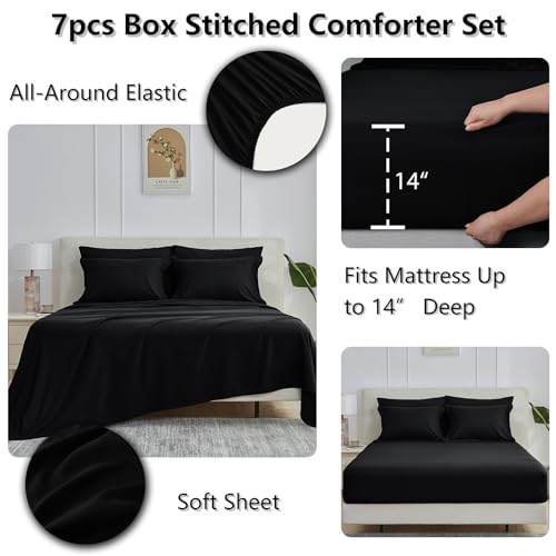 image for CozyLux Queen Comforter Set Black - 7 Pieces Bed in a Bag Queen, All S