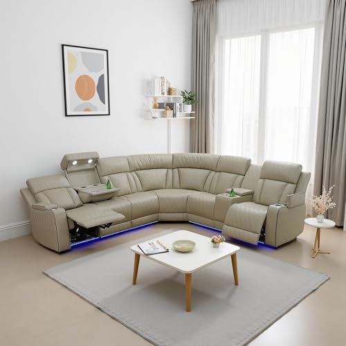 Power Recliner Sectional Sofa with LED Light, Breathing Leather Power Reclining Sofa, Sectional Reclining Couch with USB Port/Cup Holder/Storage for Living Room (Beige)