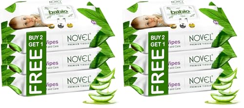 Image of Novel Baby Wet Wipes 80 Wipes x Pack of 6 (240 Wipes) | Aloe Vera, Chamomile, Jojaba Oil, Vitamin E Enriched | pH Balanced, Alcohol, Hypoallergenic & Paraben-Free | Extra Thick & Moist wet | Anti Rash Soft Gentle Baby Wipes with Lid