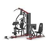 ENTRENAMIENTO COMPLETO. Marcy HG9000 Deluxe Dual Station Home Gym con prensa de piernas ofrece ejercicios para todo el cuerpo gracias a sus dos estaciones independientes, incluyendo peck deck, prensa de piernas, extensiones de piernas, brazos de press, remo, poleas altas y bajas, y polea central para abdominales y tríceps.