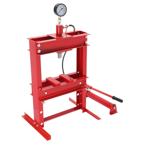 10 Ton H-Frame Hydraulic Shop Press, Heavy Duty Hydraulic Benchtop Press with Pressure Gauge, Height Adjustable Working Table for Mechanical Workshops, Garages, Basements