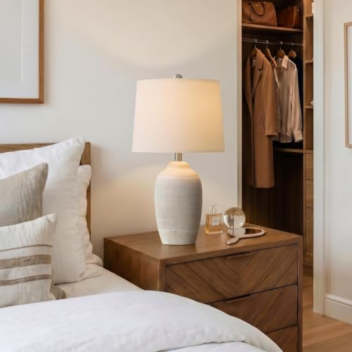 Image of 24.5 inch Vintage Ceramic Table Lamp Single-Rustic Boho Accent Nightstand Lamps for Bedroom, Living Room, Entryway-Small Textured Bedside Lamps, Modern Farmhouse Table Lamps for Home Decor Beige