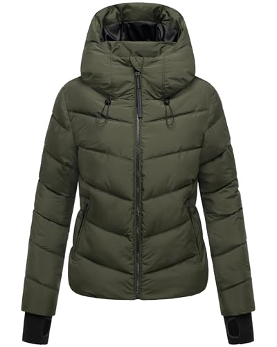MARIKOO Damen Winterjacke warme Steppjacke mit verstellbarer Kapuze Yukanii XVI Dark Olive Gr. M