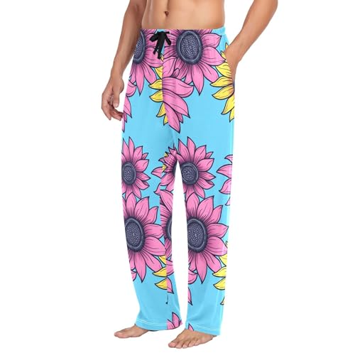 Men's Pajama Bottom Sunflowers Pink Yellow Cotton Pajama Pants Drawstring Sleepwear Long Pants Pockets4