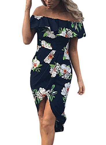 AlvaQ Women Summer Floral Print Off The Shoulder Split Bodycon Midi Dress