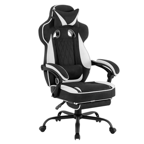 Sedia Gaming Ergonomica | Tessuto Traspirante Fresco D'estate | Schienale Regolabile Poggiapiedi | per Gaming Ufficio Relax | Sedile ampio e comodo per Persone di Taglia Grande | Nero+Bianco - Sedia gaming - Immagine 7