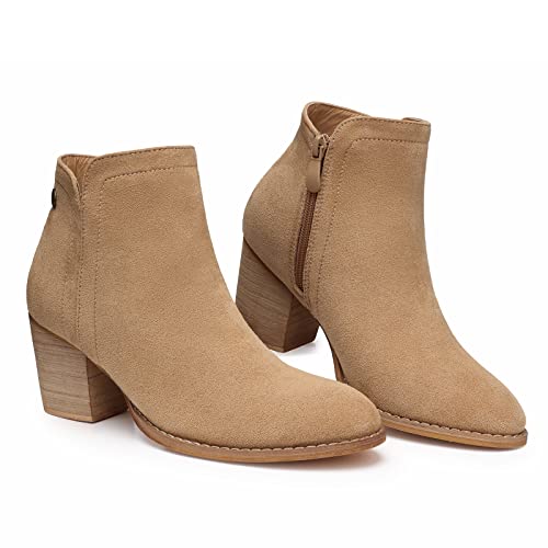 Shibever Women's Chelsea Boots Suede Chunky Heel Slip On Ankle Booties Cut Out Almond Toe Zipper Western Boot Tan 8 #TOP5