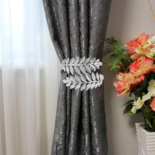 2 Stück Vorhang Raffhalter, Verstellbare Raffhalter für Vorhänge, Silber Blätter Gardinenraffer, Vorhang Halter Metall Gardinenhalter, Legierung Gardinen Raffhalter für Zuhause, Büro, Hotel, Cafés