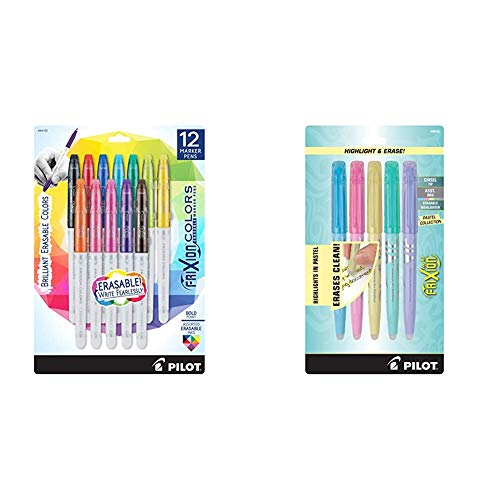 PILOT FriXion Colors Erasable Marker Pens, Bold Point, Assorted Color Inks, 12-Pack (44155) & FriXion Light Pastel Collection Erasable Highlighters, Chisel Tip, Assorted Color Inks, 5-Pack (46543)
