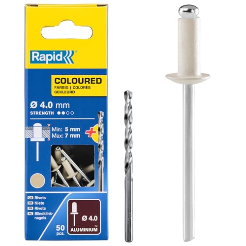 RAPID - Rivets Pop en Aluminium Ø4 x 10 mm, Revêtement Blanc Crème, Rivets Aveugles pour Gouttières / Tuyaux / Tôle - Foret Inclus - 50 Pièces, Emballage Carton (5001464)