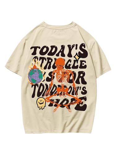 COZYEASE Men's Graphic Tees Letter Print Casual Short Sleeve T Shirts Summer Tops Vintage Tees Khaki M