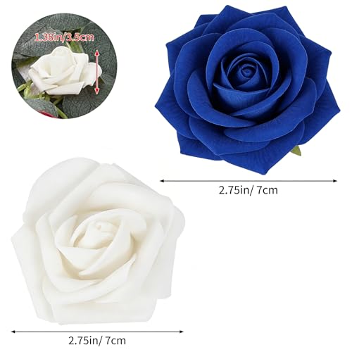 Image of 100Pcs Real Looking Blue and White Blend Artificial Rose Flower Heads, Foam Fake Roses for DIY Wedding Decorations Baby Shower Centerpieces Home Party Valentine's Day Mother's Day Decor