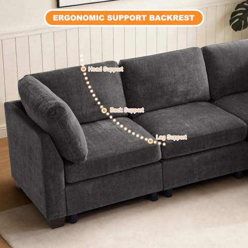 Image of TEKAMON 94 inch L Shaped Modern Sofa Modular Sectional Couch with Ottoman, 4-Seat Chenille Deep Seat Sofa for Living Room, Bedroom and Apartment, Dark Grey