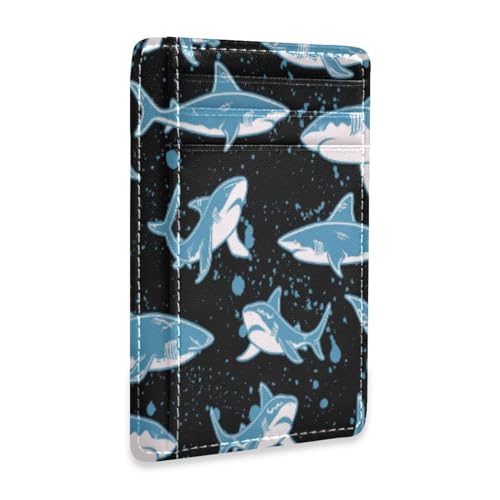 Front Pocket Minimalist Leather Slim Wallet Credit Card Holder Blue Shark for Men & Women