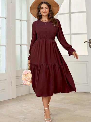 Image of SHESTARR Women's Plus Size Dress Long Sleeve Crewneck Smocked Tiered Flowy Boho Wedding Party Maxi Dresses