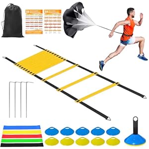 Speed Agility Training Equipment Set – 20ft Agility Ladder, 10 Disc Cones, Resistance Parachute, 5 Resistance Bands & Carry Bag | Football Soccer Basketball Fitness Drills for Kids Adults