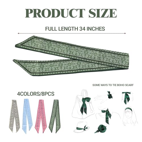 panthra 8 Pcs Silk Bag Scarf for Women, Multifunctional Boho Scarves Headbands, Vintage Elegance, Lightweight Neck Strap, Can be Used as A Bag Hair Accessory (White/Blue/Pink/Dark Green)2