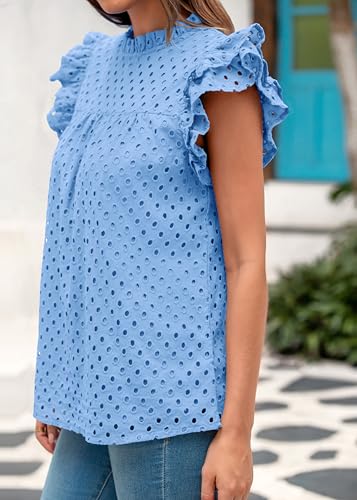 BTFBM Casual Summer Tops for Women 2025 Short Ruffle Sleeves Shirts Crew Neck Hollow Out Lace Embroidered Blouses