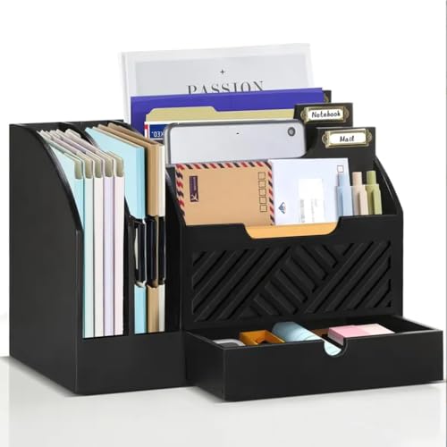 Niciksty Wood Desktop Mail Organizer, Fantasyon Mail Organizer Countertop with 6 Compartments and Drawer, Wood Desk Drawer Organizer for File Letter Paper Folder, Black