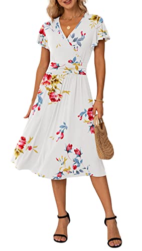GRECERELLE Womens Summer Wrap Dress Ladies Casual Ruffle Short Sleeve V-Neck Floral Beach Dresses for Women (Floral White, L)