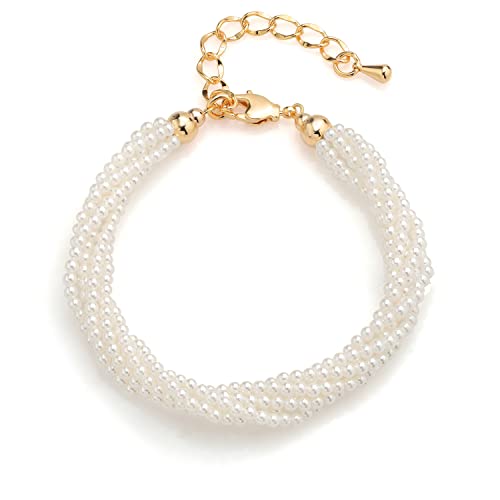 Gem Stone King 18K Yellow Gold Plated 6 Row Twisted Dangling Imitation Pearl Bracelet For Women (7 Inch + 2 Inch Extender)2