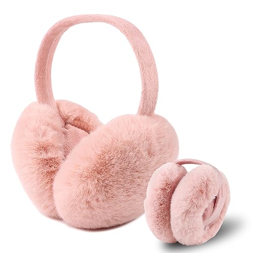 Yuoahcn Women Girls Ear Muffs Fashion Warm Plush Earmuffs Winter Foldable Ear Warmer Windproof Adjustable Earmuff (Pink)