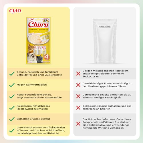 INABA Churu Püree Katzen-Leckerli - Katzenpaste zum Füttern aus der Hand - Köstliche Katzensnacks zum Schlecken - Katzensticks mit Hühnchen und Käse - 1 Packung / 4 Sticks, 14 g (4er Pack)