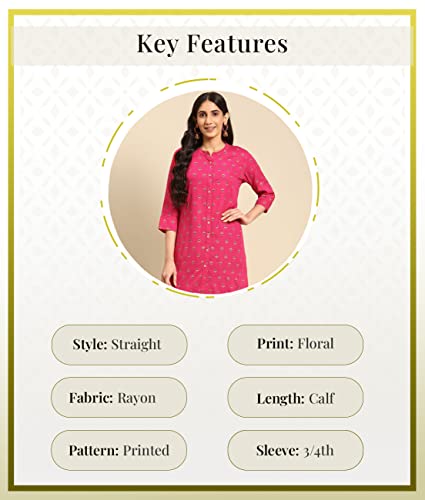Image of rangita Pink Rayon Calf Length Printed A-line Kurti for Women | Kurta for Women