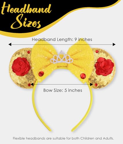 Mouse Ears Headband with Beauty Red Rose, Princess Belle Ears Headbands for Halloween Costume, Princess Party Headwear Hair Accessories for Women - Red Rose4