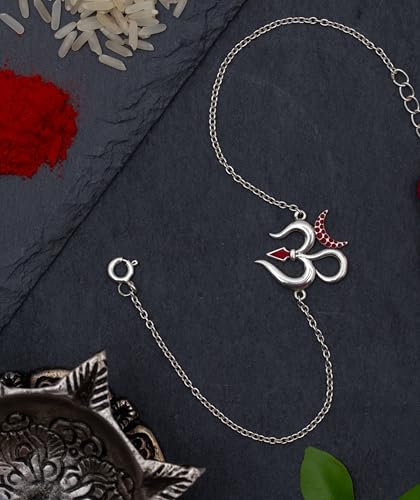 Image of Meenakari Pure 925 Sterling Silver Om chain Bracelet /Rakhi set with Roli Chawal and Rakshabandhan Greeting Card For Brother /Men /Unisex